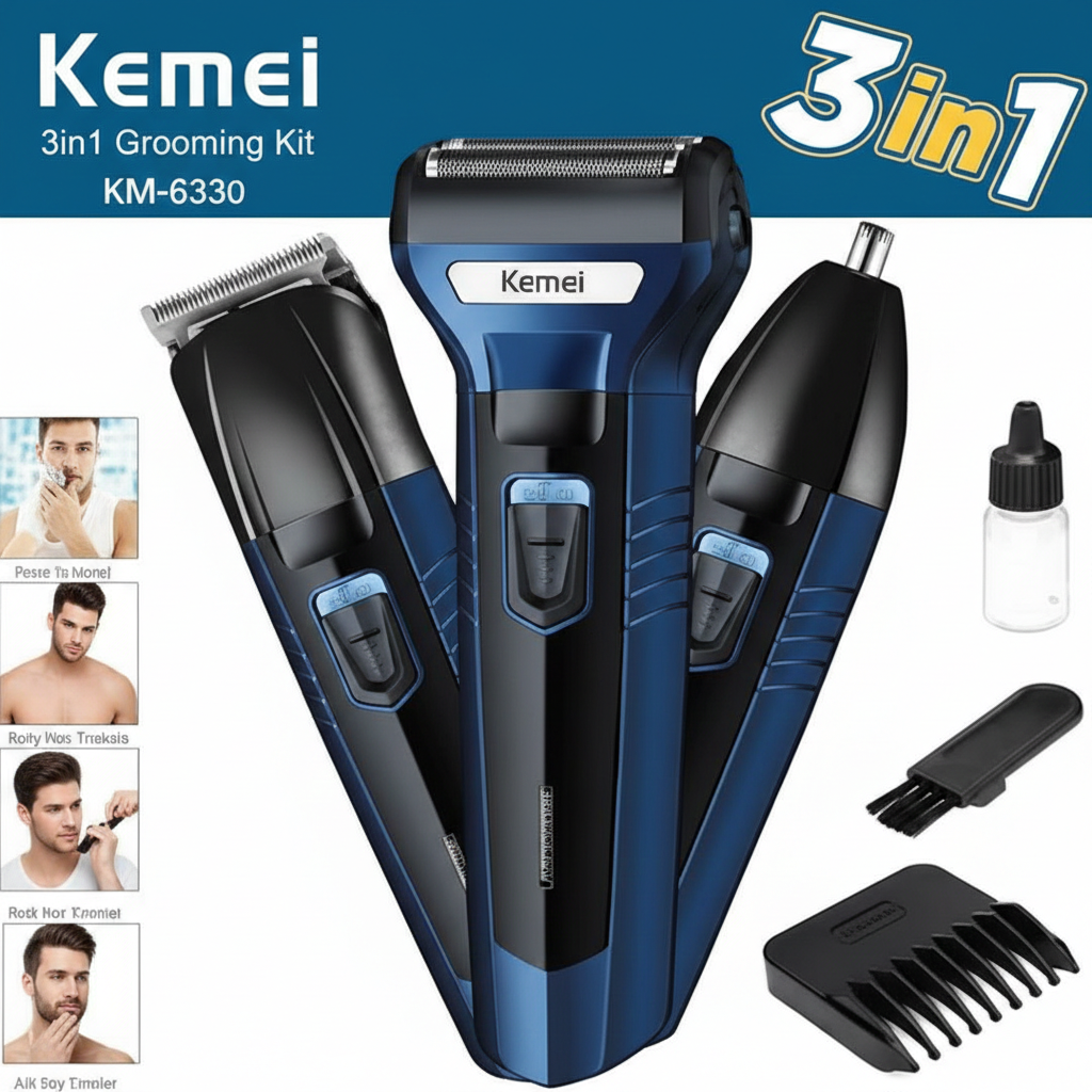 Kemei KM-6330 3-in-1 Grooming Kit – Rechargeable Hair Clipper, Shaver & Nose Trimmer