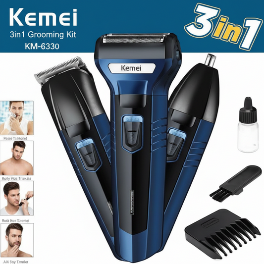 Kemei KM-6330 3-in-1 Grooming Kit – Rechargeable Hair Clipper, Shaver & Nose Trimmer